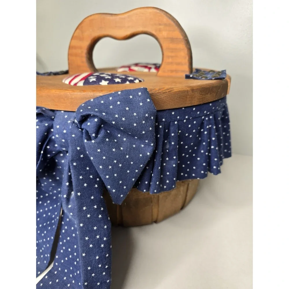 Vtg Wood Sewing Box Basket with Double Flip Top Doors Lid Carrying Handle Heart